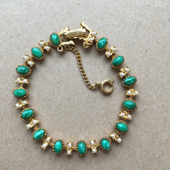 Vintage Faux Pearl/Jade Link Bracelet - Picture 1 of 2